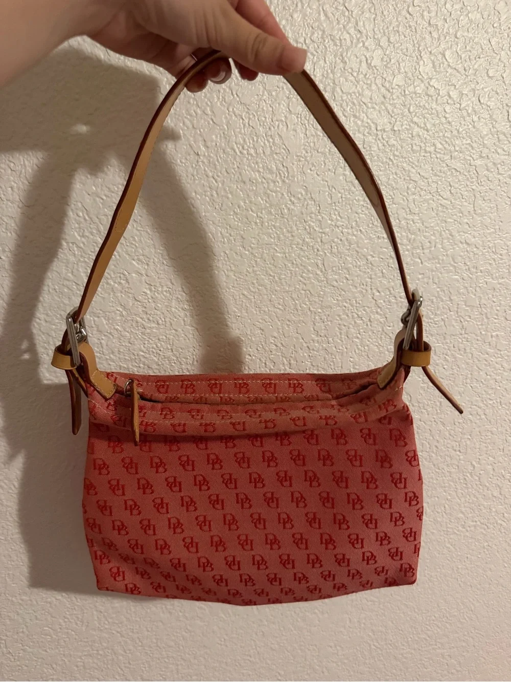 Dooney & Bourke Red Patterned Shoulder Bag with Tan Strap - Picture 1 of 7